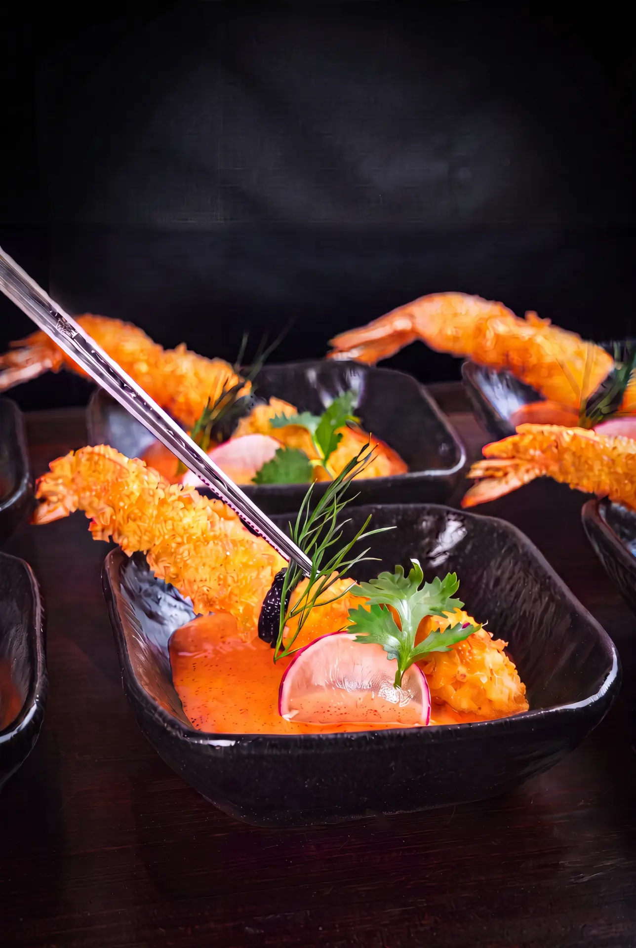 Crisp prawn in a warm chilli cream sauce