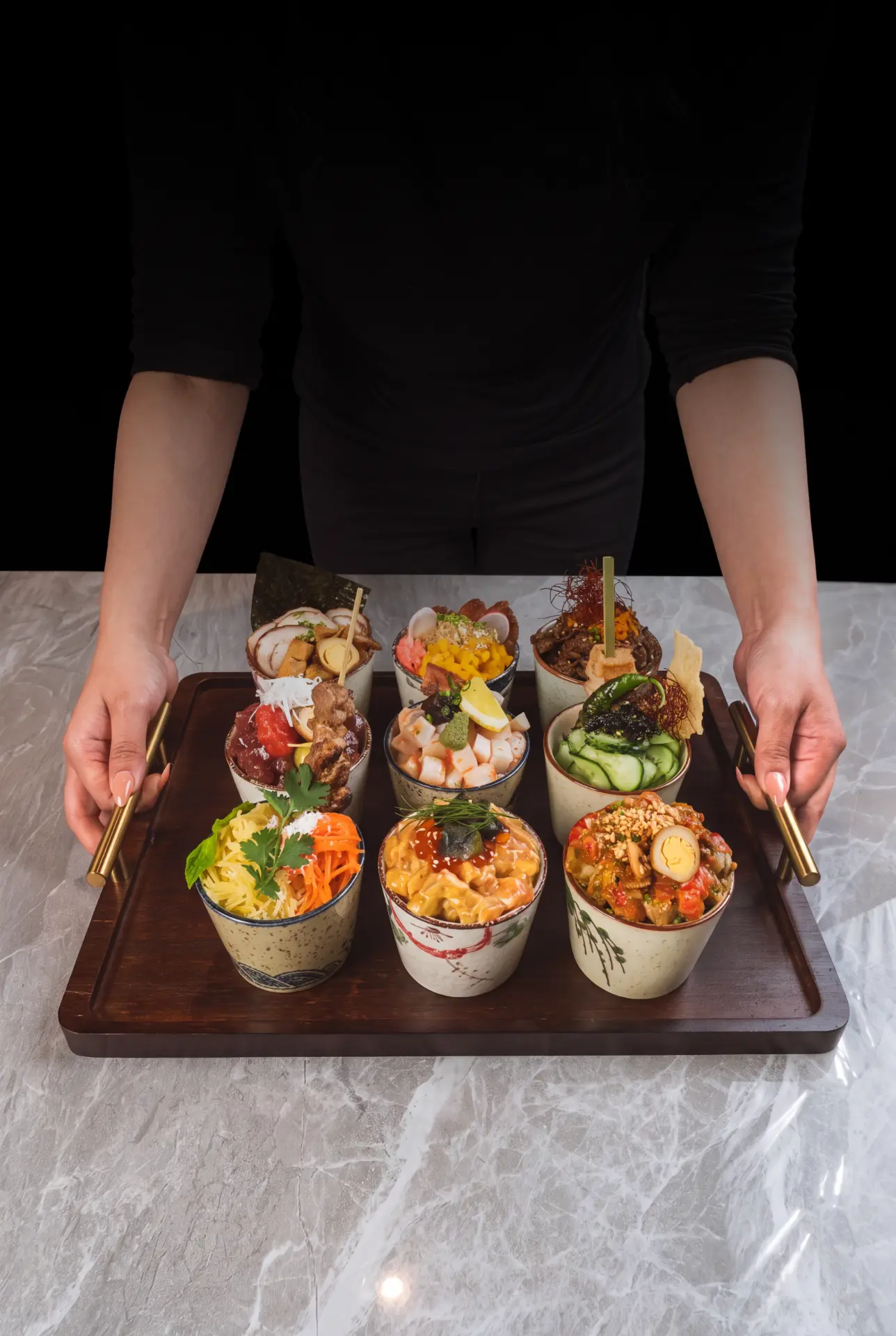 A tray of donburi cups brought out together