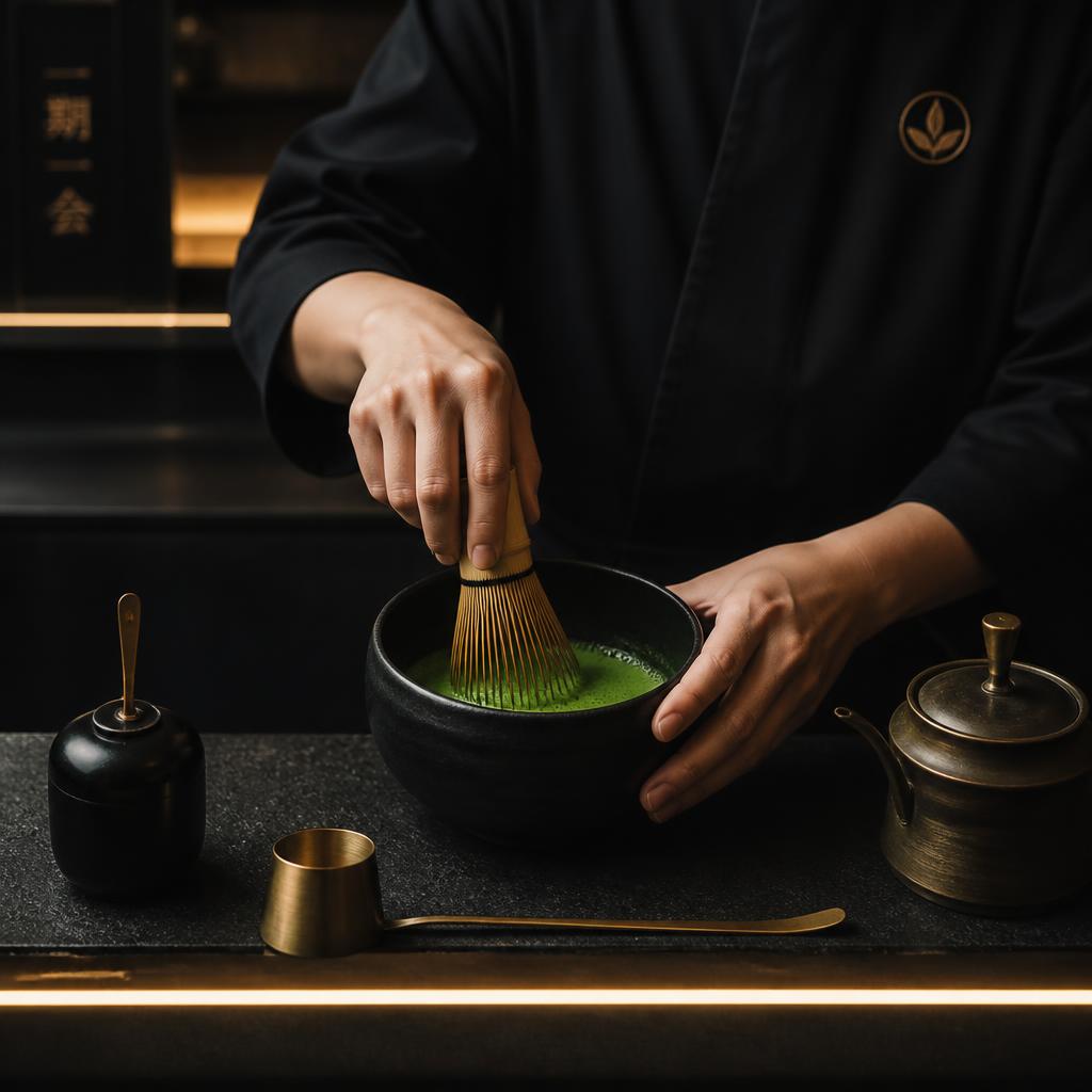 Ceremonial matcha whisked in a black chawan